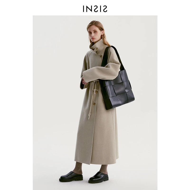 INSIS FEMME小方领圆绳腰带双面呢大衣女羊毛羊绒外套