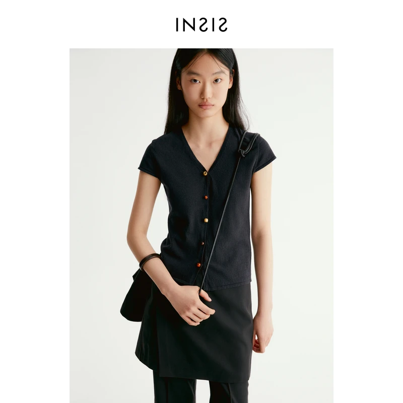 INSISFEMME北欧休闲胡麻亚麻棉夏新款短袖针织上衣女FN24221809