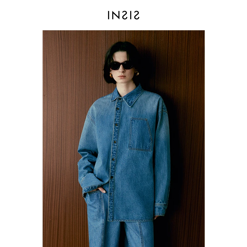 INSIS FEMME[牛仔全衣橱]秋新品长绒棉不对称渐变蓝牛仔衬衫女
