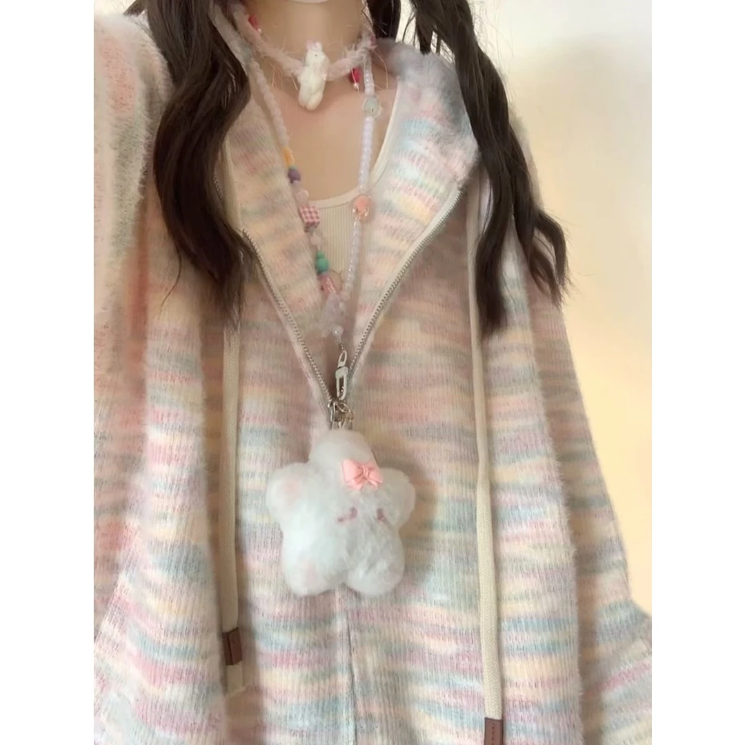 奶fufu慵懒风学生连帽针织开衫外套女软糯彩虹甜美小个子甜美毛衣