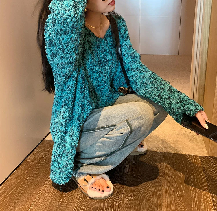 复古绿色V领毛衣女中长款秋冬宽松慵懒风设计感外穿针织衫上衣17