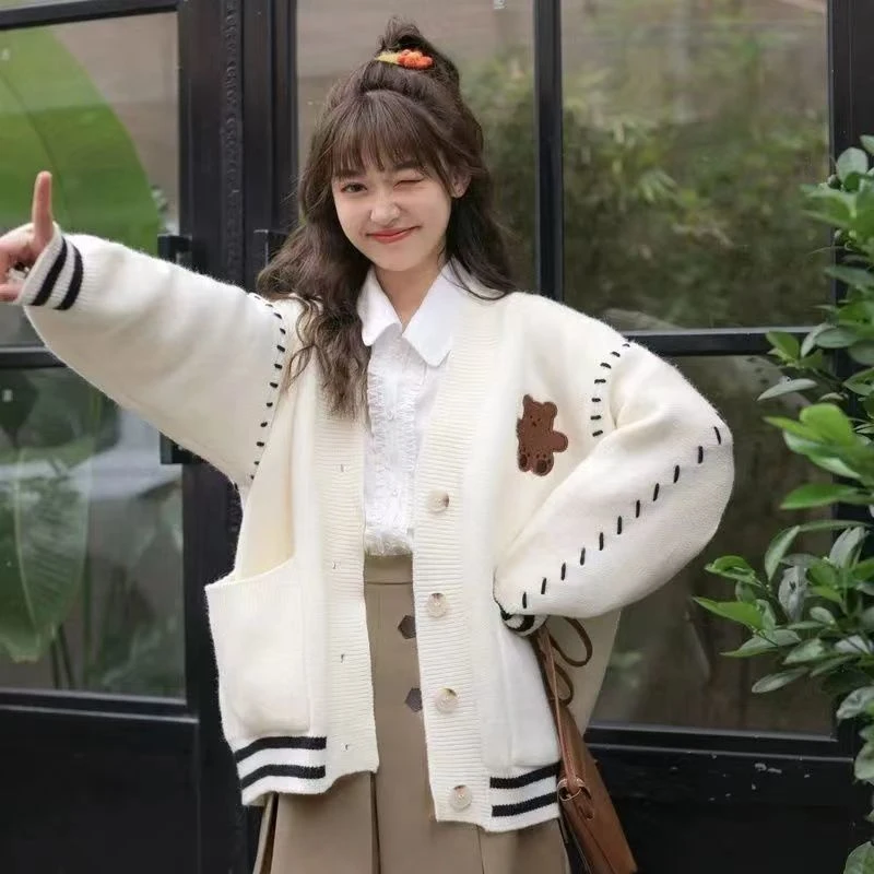 甜美少女秋冬学院风韩版宽松V领毛衣开衫初中生高中长袖针织衫15