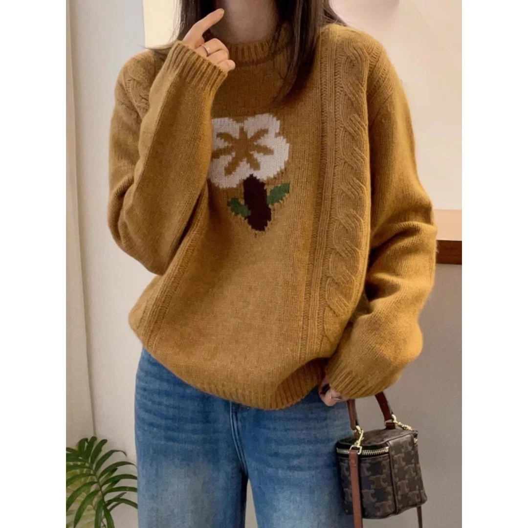 2024新款女花朵图案韩系洋气设计感长袖针织衫慵懒风毛衣打底衫潮