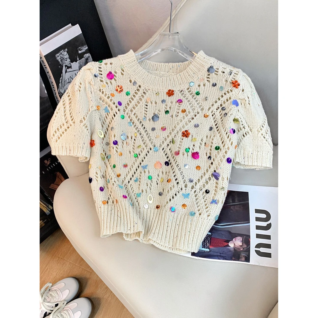 少女洋气甜美亮片圆领针织衫学生夏季新款时尚镂空显瘦短款小众潮