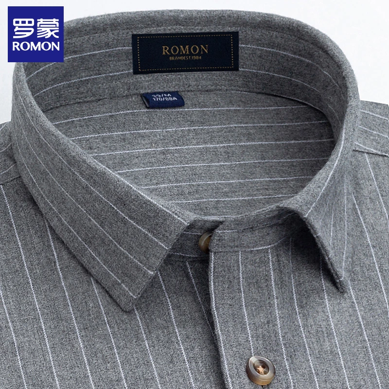 罗蒙高档浅灰条纹衬衫男士长袖商务衬衣春秋全棉磨毛百搭休闲寸衫