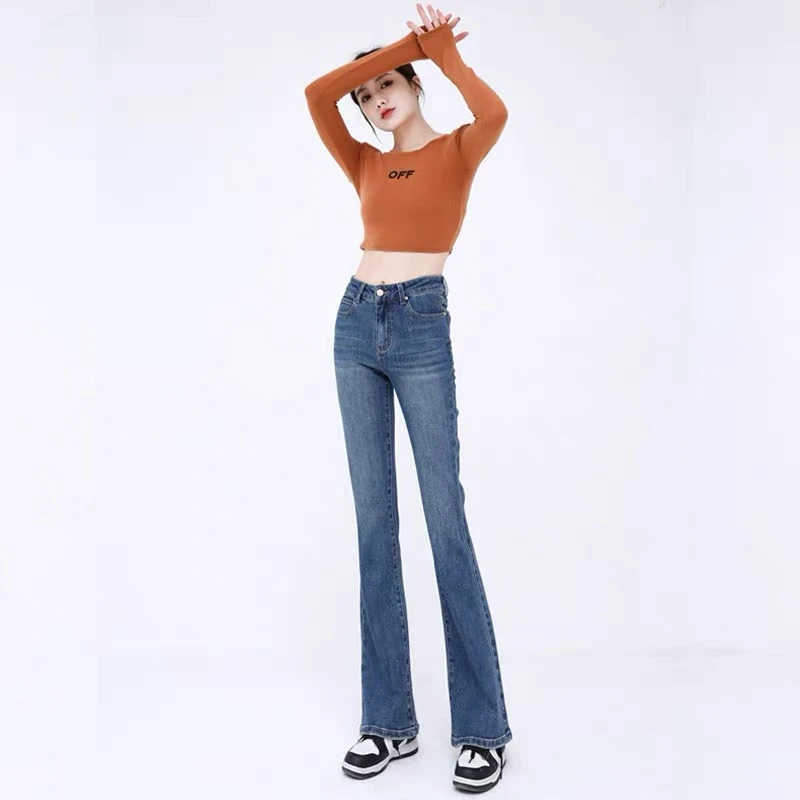 清仓深蓝色高腰微喇叭裤弹力显瘦女马蹄裤牛仔裤修身高个子加长