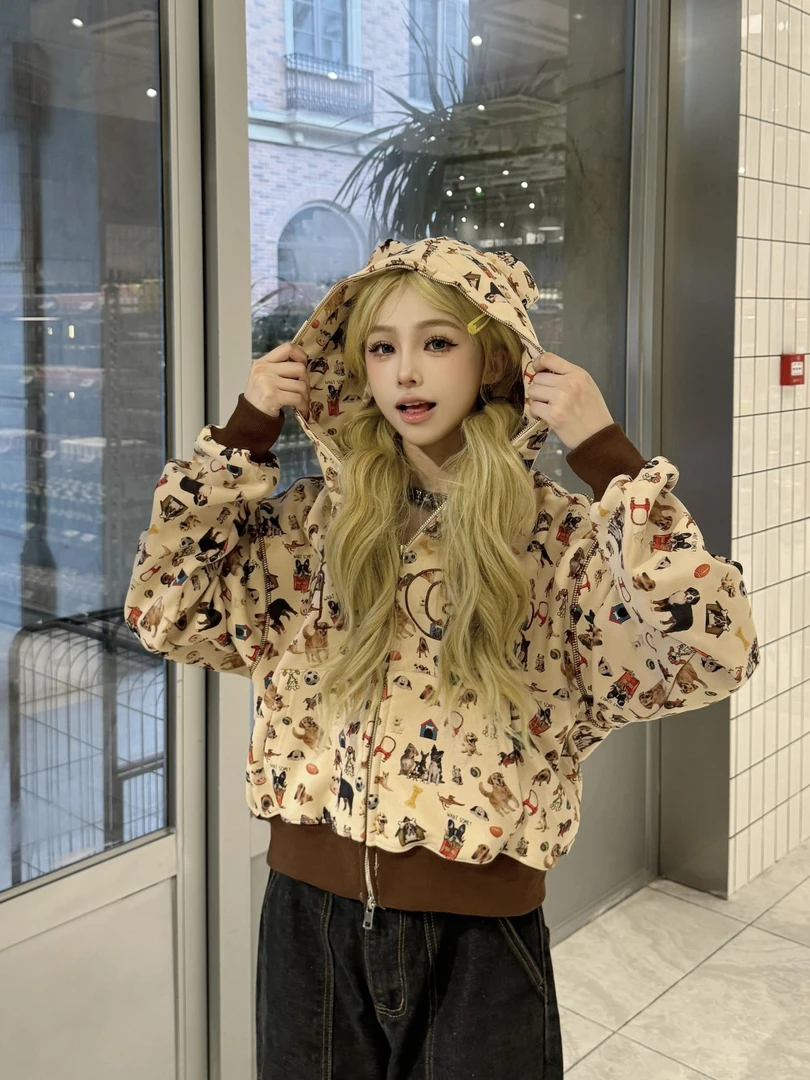 x不是好人 短款连帽卫衣开衫女秋美式复古小狗满印慵懒风宽松外套