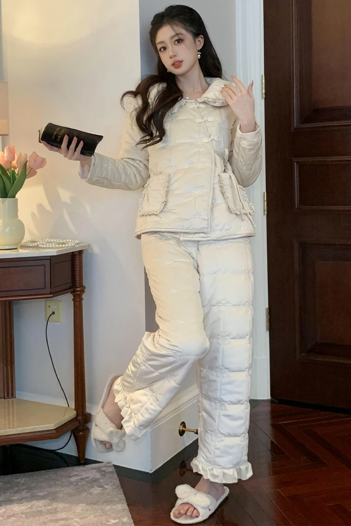 新中式睡衣女款2023新款秋冬丽丝绒三层夹棉加绒加厚家居服套装冬