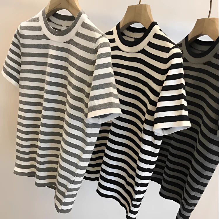 2024夏高档有质感条纹薄款针织衫短袖T恤夏季上衣女宽松显瘦休闲