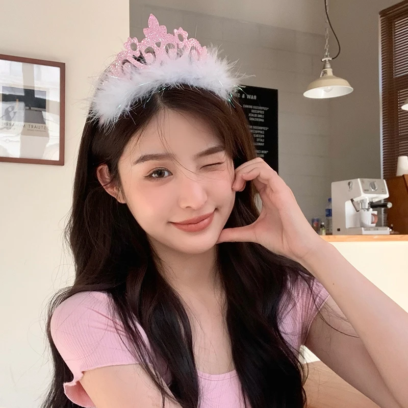 韩系ins风生日发箍水钻羽毛皇冠头饰生日聚会公主发箍