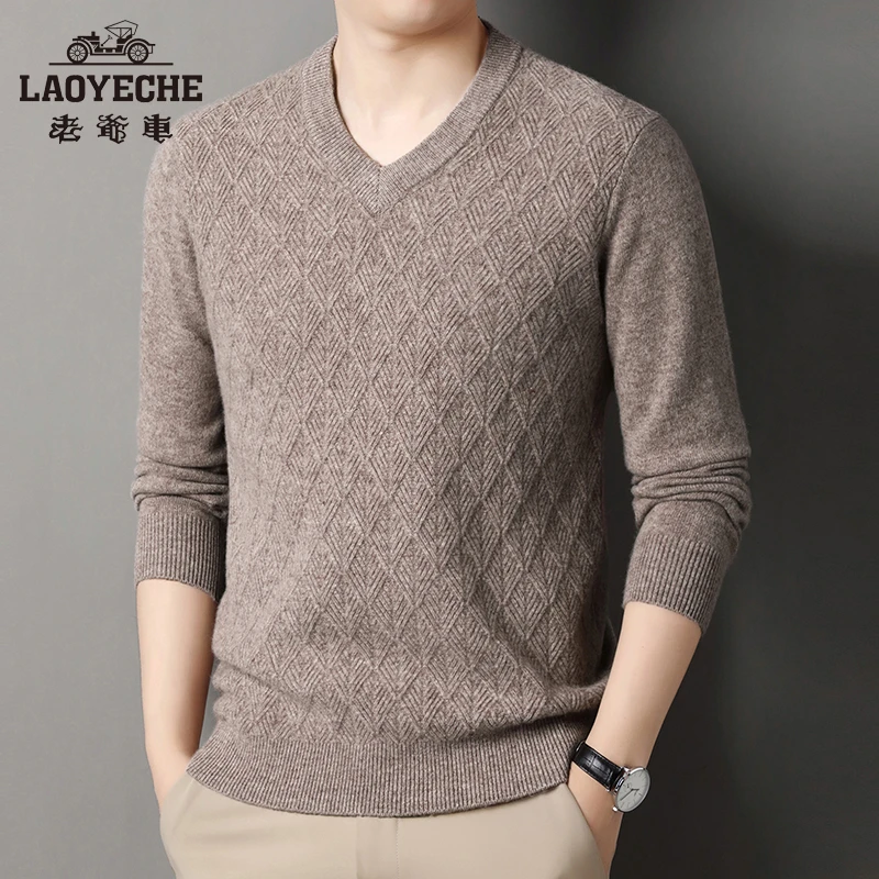 老爷车2024秋冬厚款100%纯羊毛衫时尚提花鸡心V领加厚打底衫男21