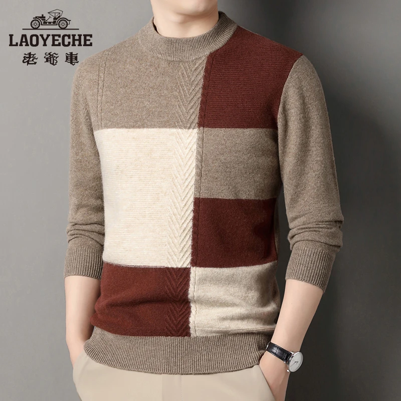 老爷车2024秋冬厚款高奢山羊绒羊毛衫时尚圆领加厚撞色打底衫男01
