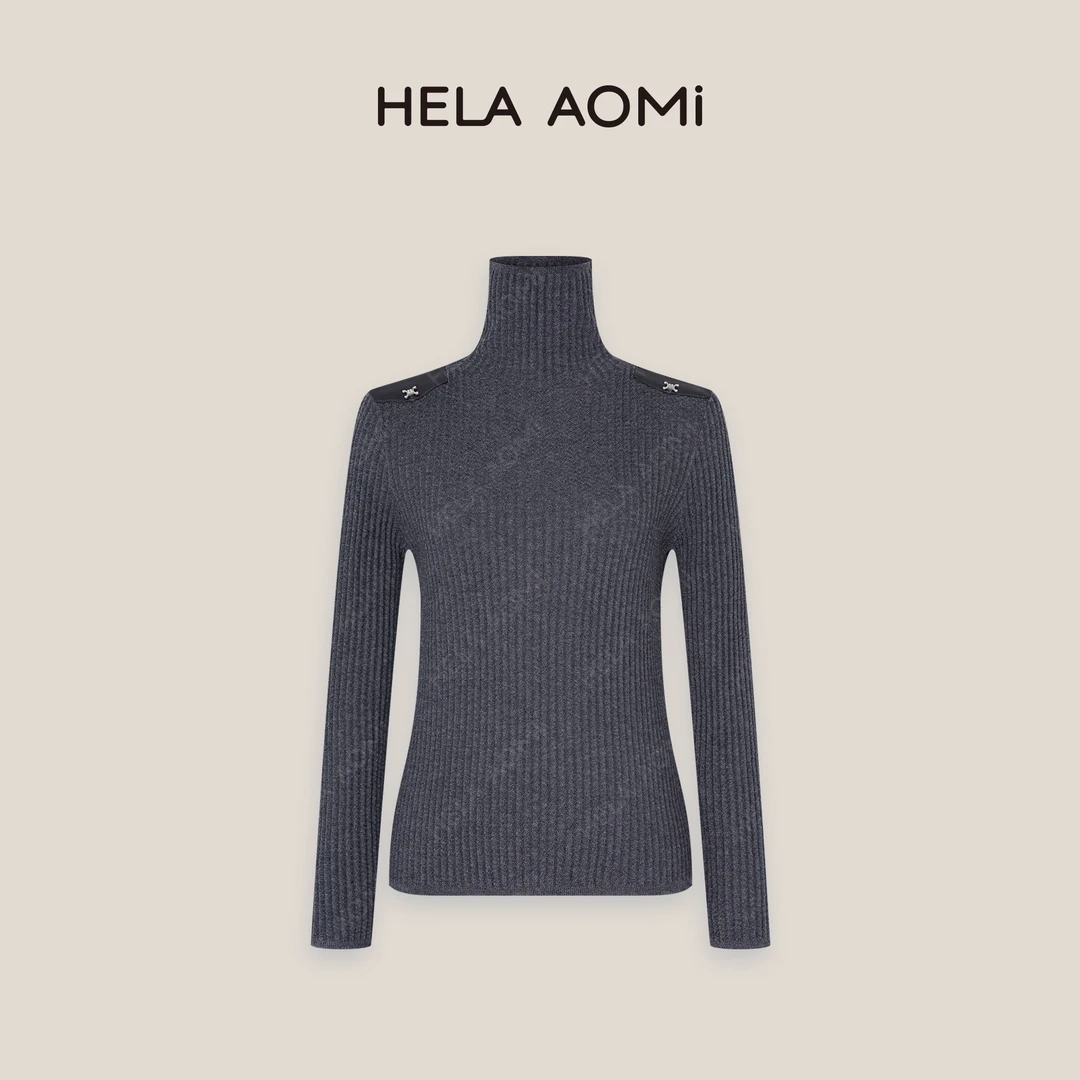 HELA AOMI“拼皮华夫饼打底”纯色高领钉扣打底衫上衣CY4DM39507