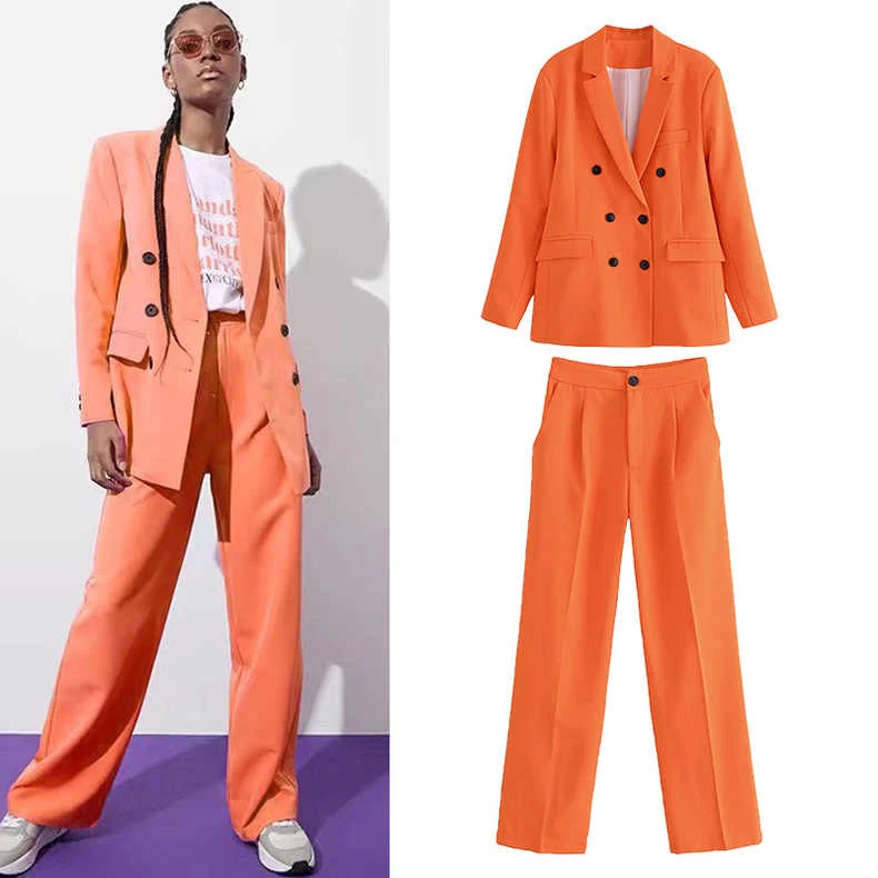 nunususu春秋新款套装时尚休闲高腰裤子糖果色阔腿长裤双排扣西装