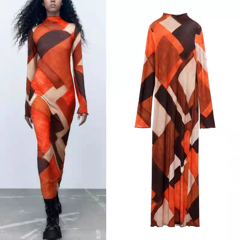 nunususu 新款及踝长款立领长袖打底复古印花迷笛连衣裙女