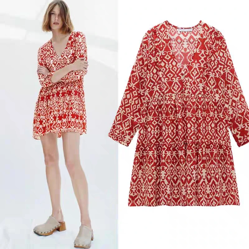 nunususu 新款气质V领法式复古宽松a字裙印花迷你连衣裙