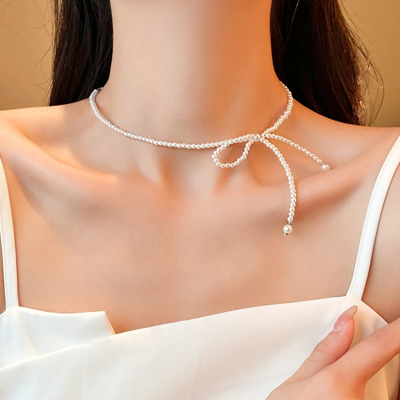 合金仿珍珠吊坠 蝴蝶结项链女款2024新款爆款小众高级感锁骨链配