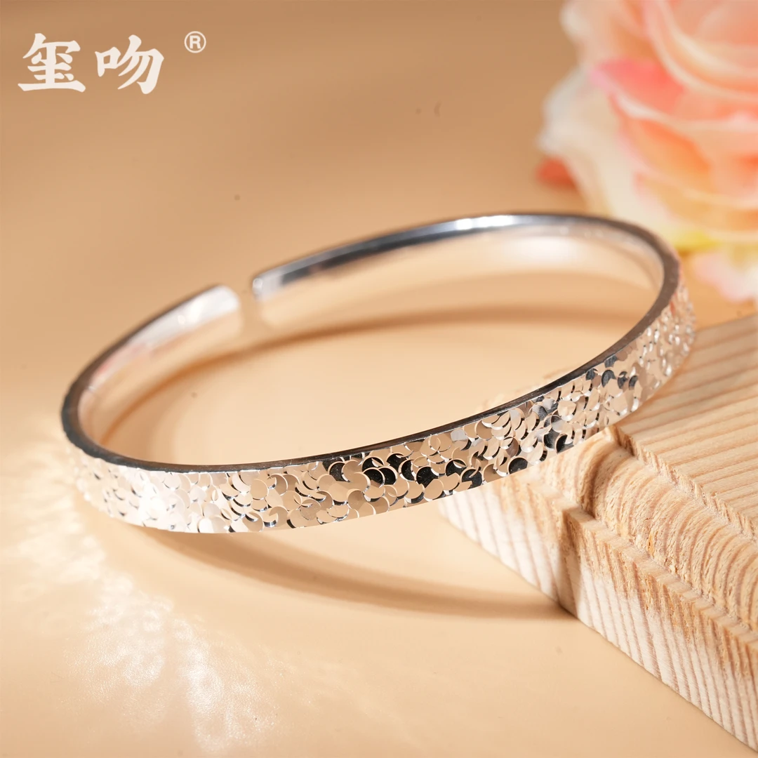 足银手镯 【玺吻】足银999.9 流金岁月 碎冰冰时尚气质足银开口手镯