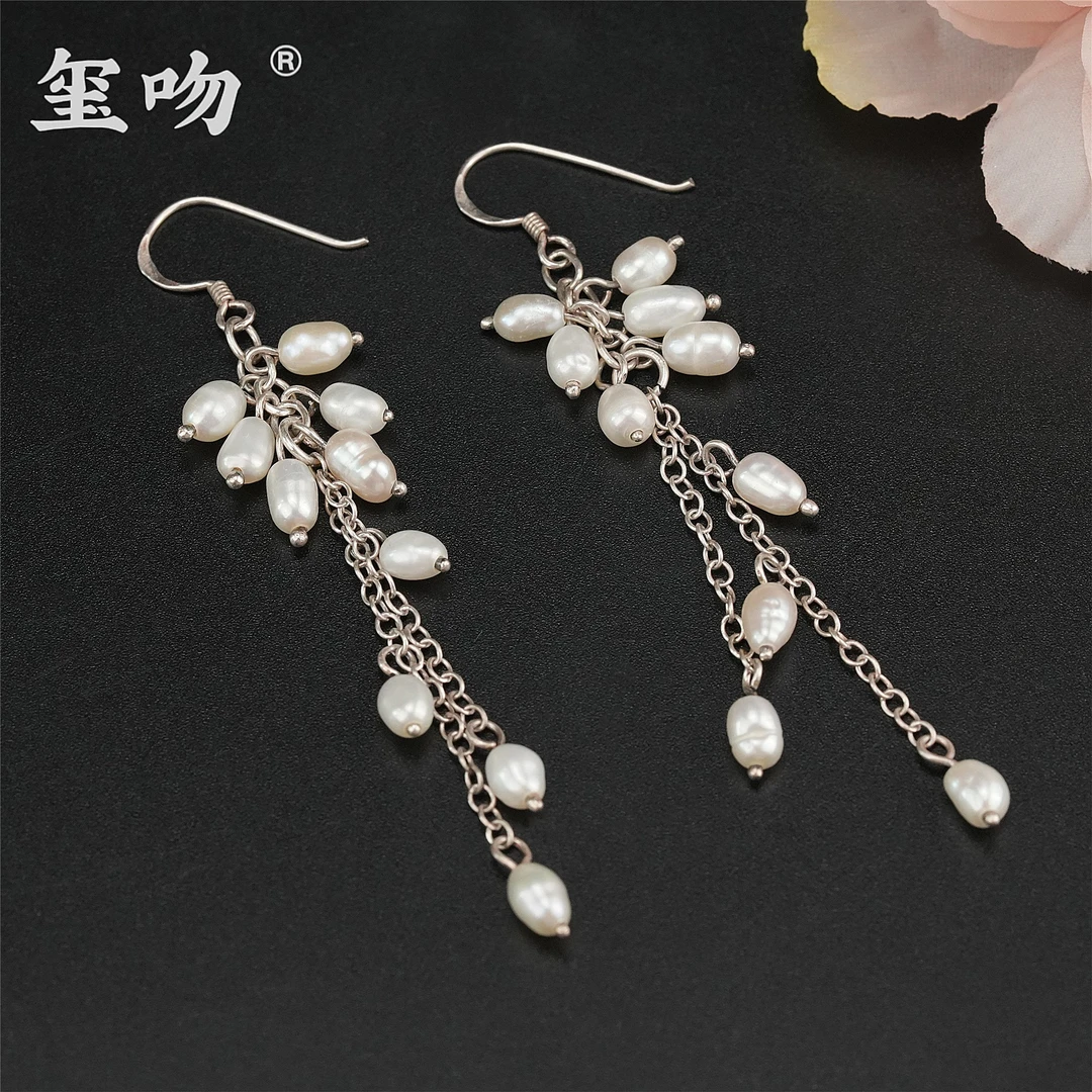 925银耳饰 【玺吻】长款流苏白色珠珠耳坠高级感耳环轻奢古风耳饰