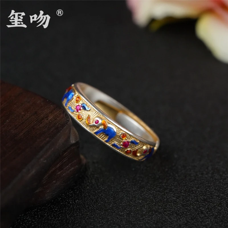 足银戒指 【玺吻】足银999 吉祥吉象 纯手工国风吉象戒指