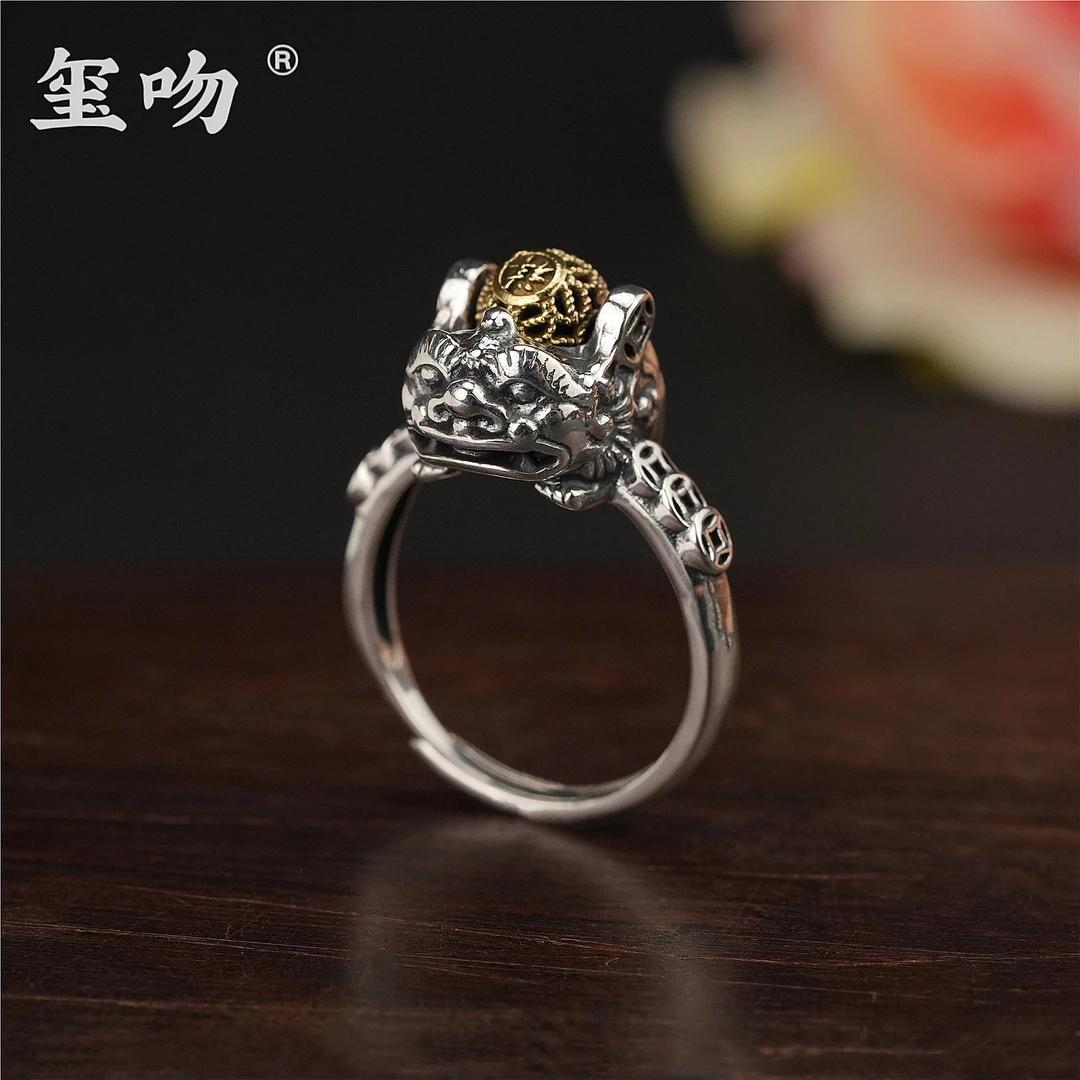 925银戒指 【玺吻】s925银 手工民族风精致素款可转动貔貅戒指 个性