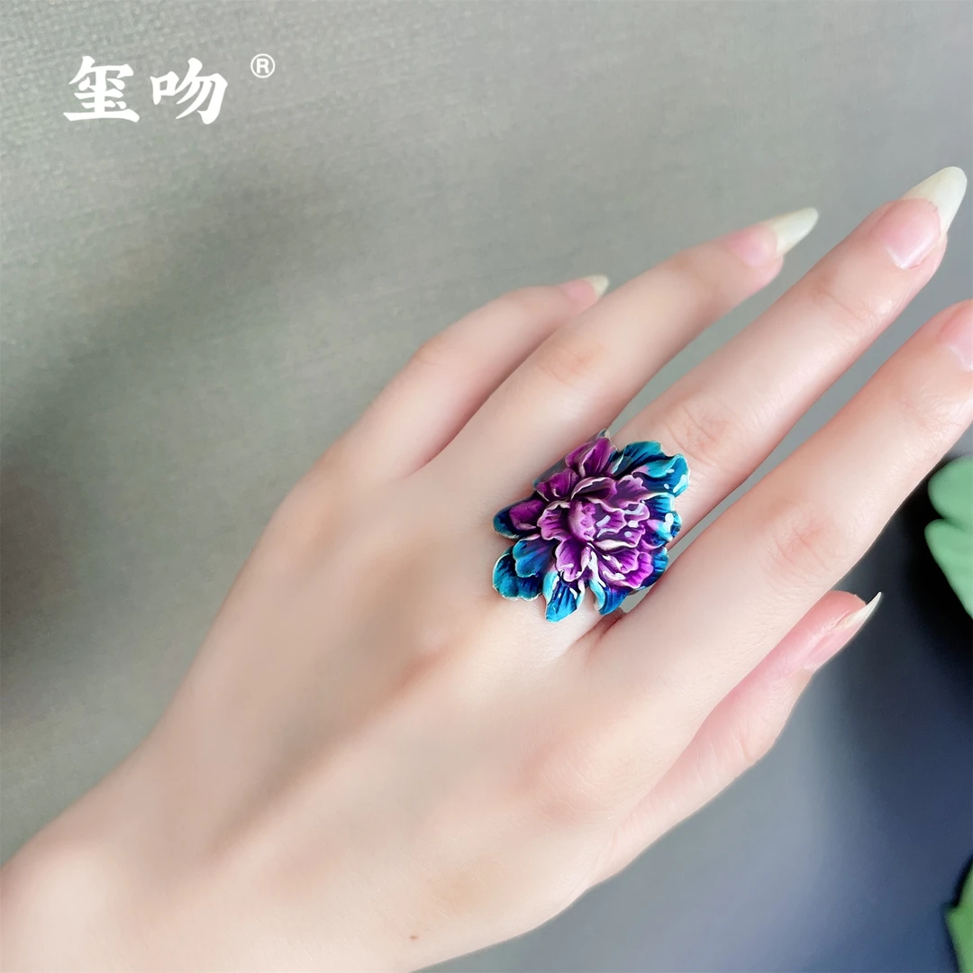 足银戒指 【玺吻】足银999.9国色天香牡丹花戒指开口手工景泰蓝工艺