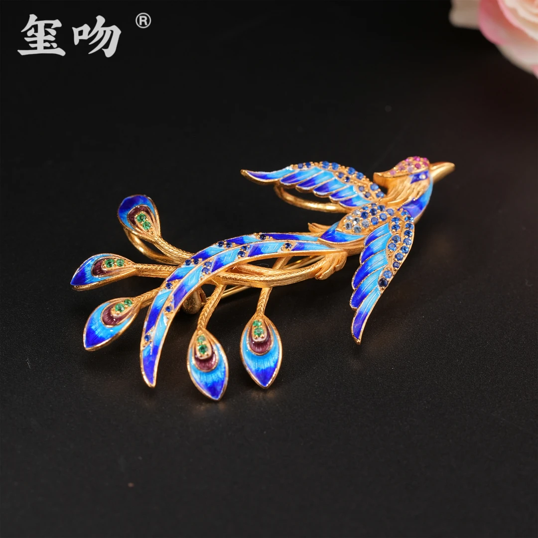 925银银制品 【玺吻】s925银 景泰蓝烧蓝工艺凤凰于飞胸针