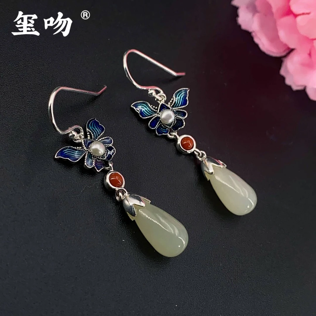 925银耳饰 【玺吻】s925银 宫廷水滴景泰蓝蝴蝶耳饰 纯手工中国风