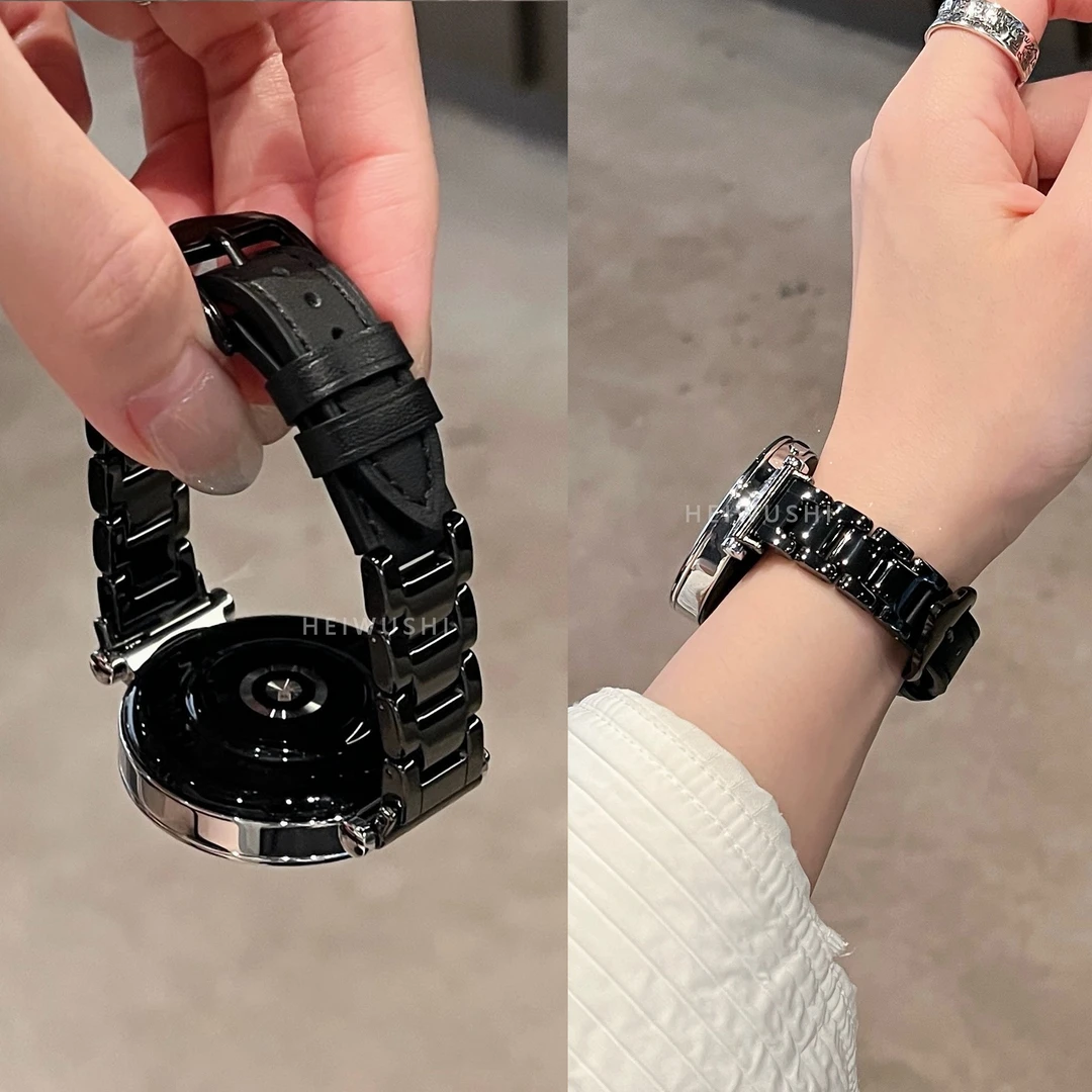 新款高级感陶瓷拼皮质表带适用华为手表watch43proGT4gt5gt3/Fit3