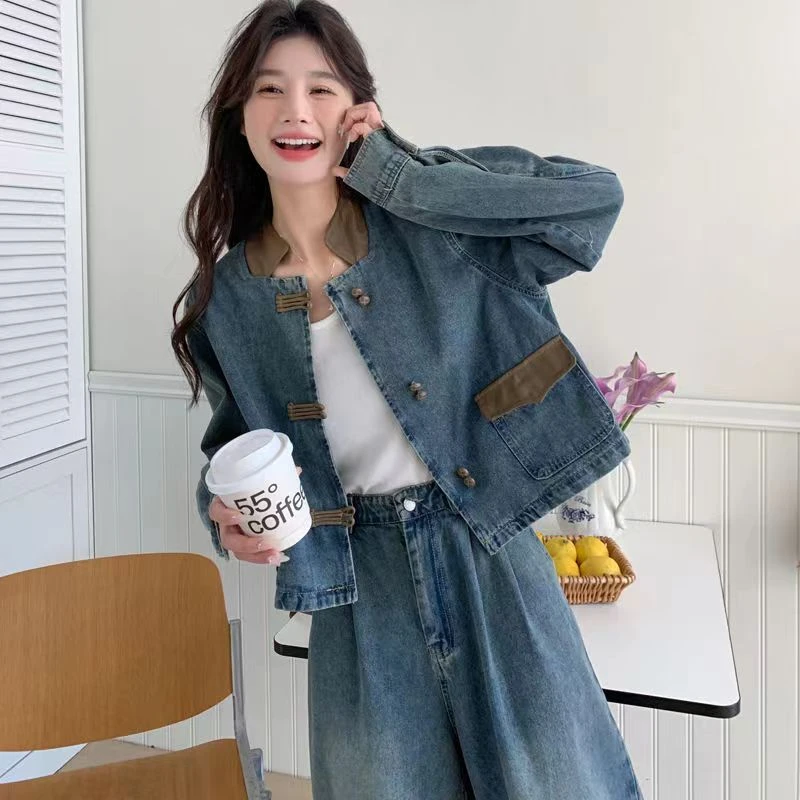 新中式国风牛仔套装女2024春新小个子复古短外套阔腿长裤两件套女