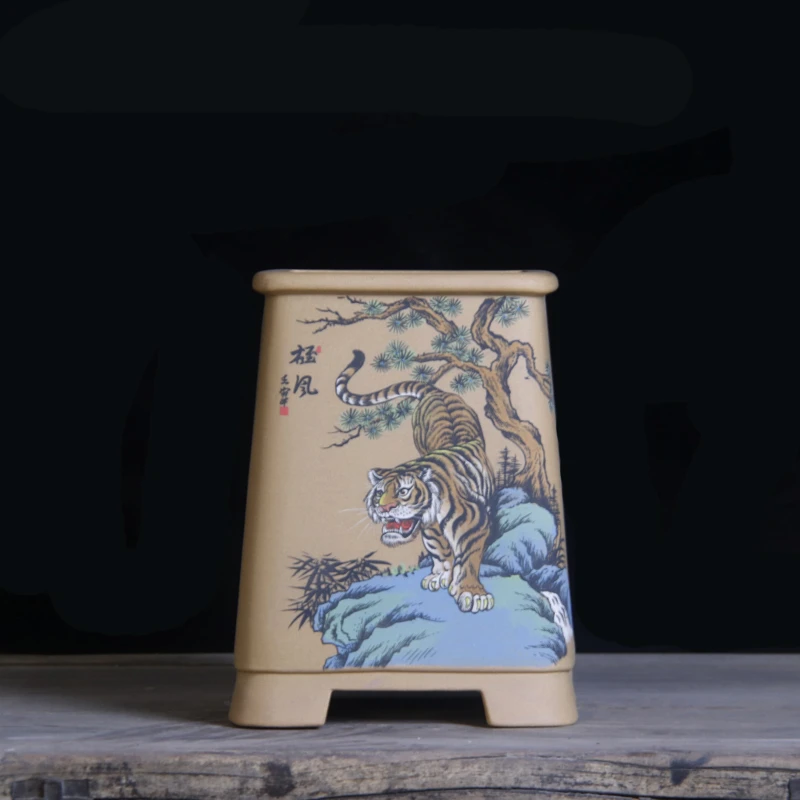 宜兴紫砂段泥四方彩绘兰花君子多肉精品桌面办公室内花盆绿植古典