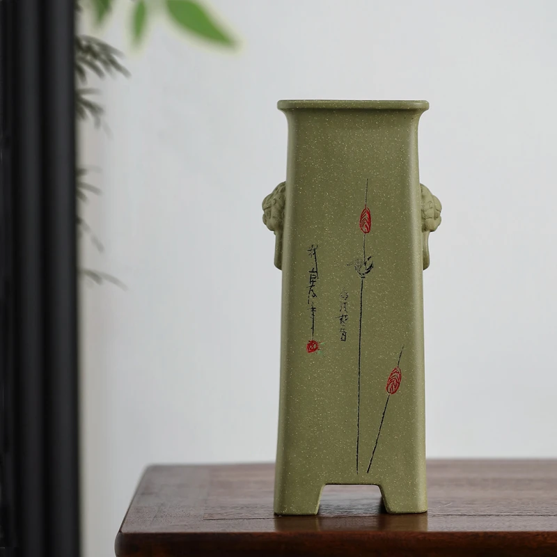 宜兴紫砂苹果绿四方签筒兰花悬崖根艺多肉君子兰绿植高档桌面花盆