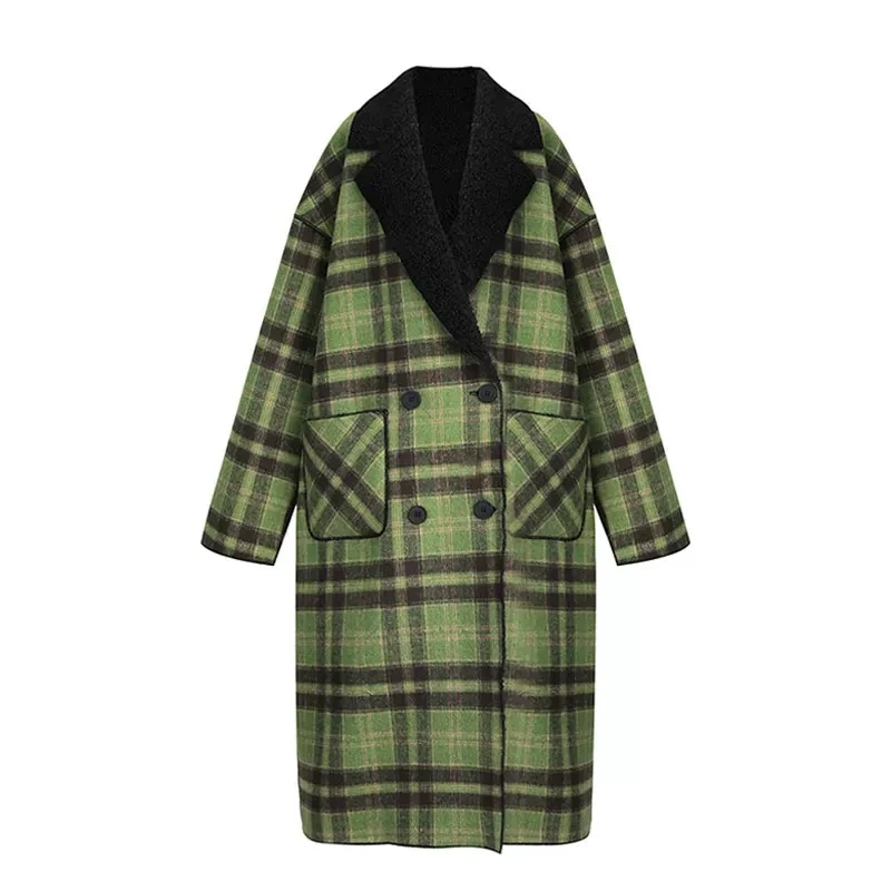 设计感两面穿中长款大衣2024欧美风过膝绿色格子毛呢外套1919#