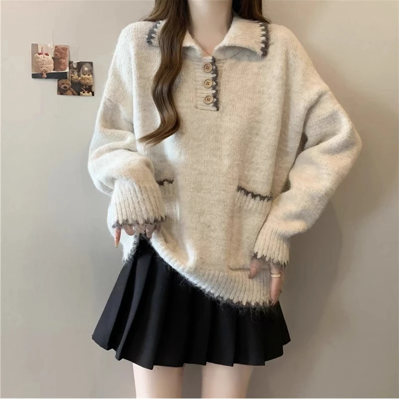 大码宽松慵懒风Polo领加厚针织衫毛衣女秋冬胖mm显瘦内搭打底上衣