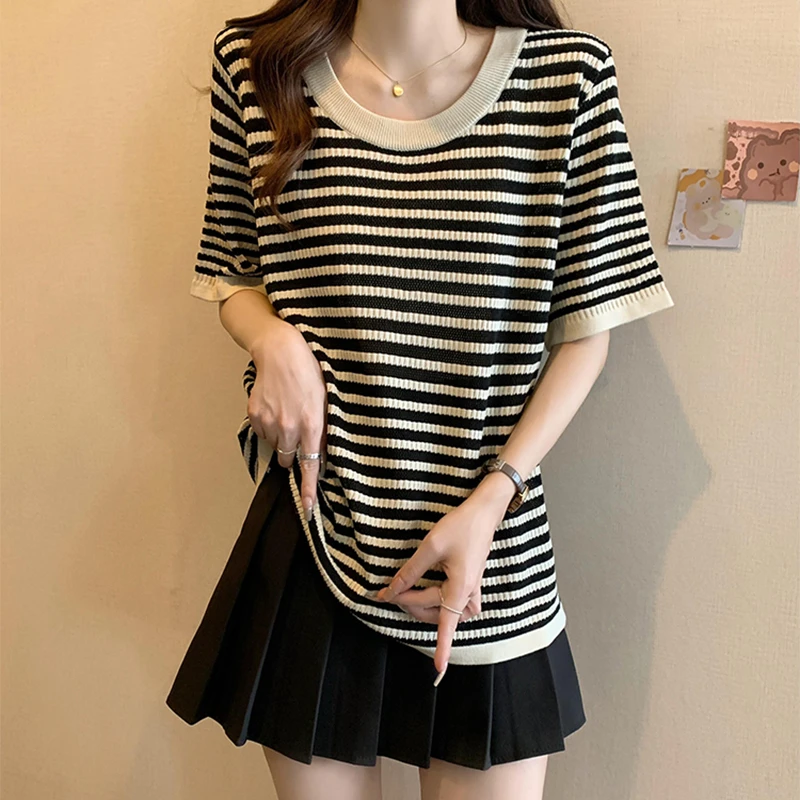大码遮肚子条纹短袖t恤女夏季微胖mm显瘦百搭减龄针织上衣打底衫