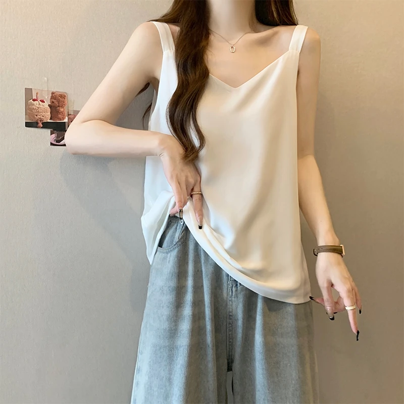 高级感醋酸白色吊带背心女外穿夏季新款大码胖mm显瘦遮肚西装内搭