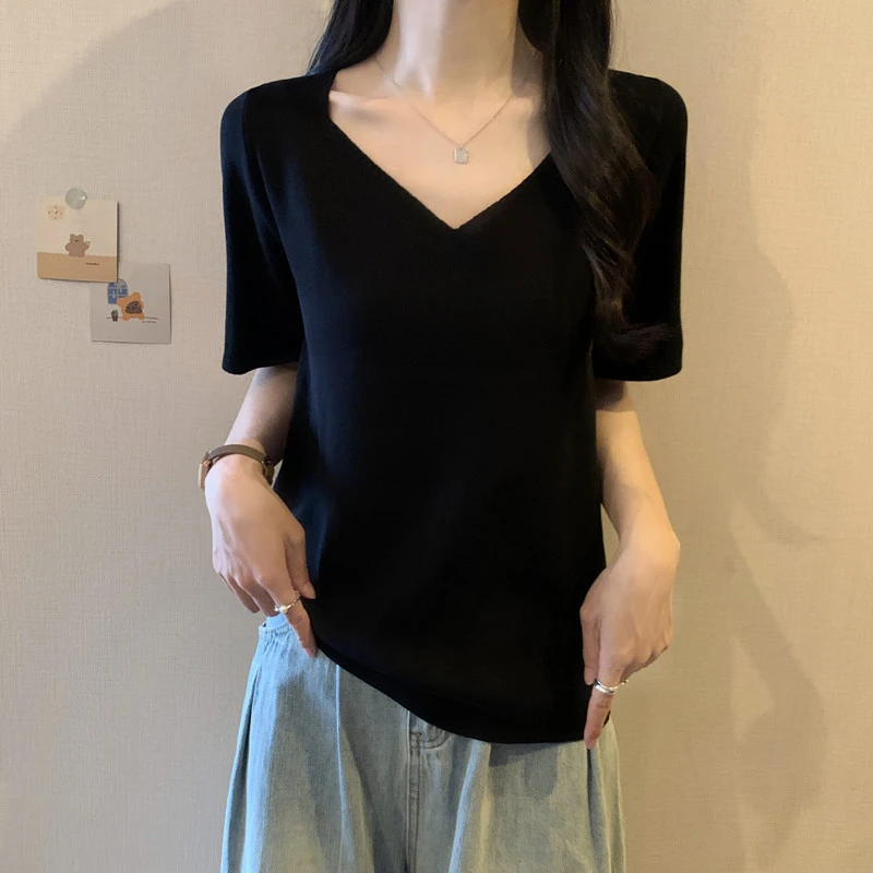 大码遮肚子V领正肩短袖t恤女夏季胖mm显瘦百搭减龄针织上衣打底衫