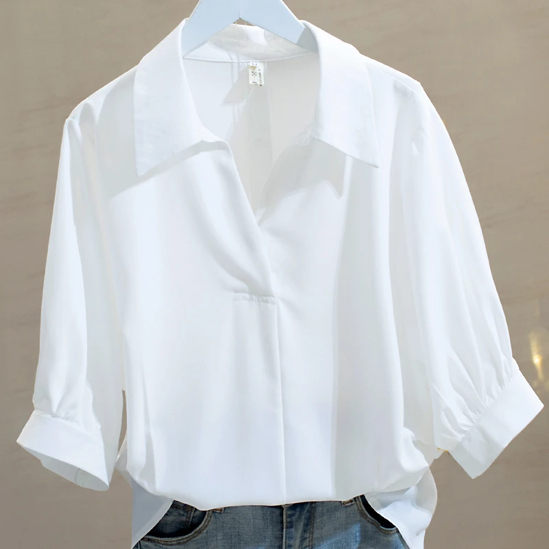 大码遮肚子polo领白衬衫女夏季季胖妹妹宽松显瘦气质职业短袖衬衣