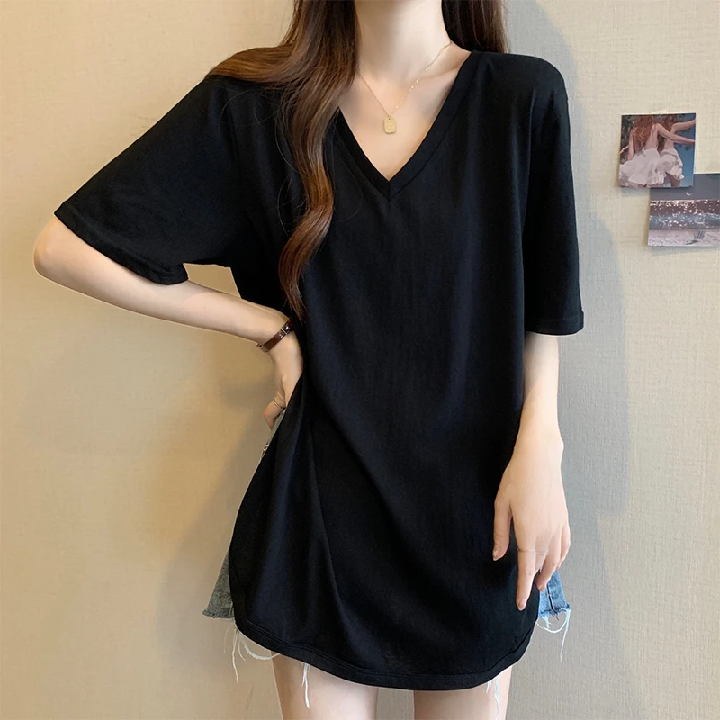 大码女装遮肚子正肩短袖t恤打底衫女夏季胖mm显瘦百搭减龄V领上衣