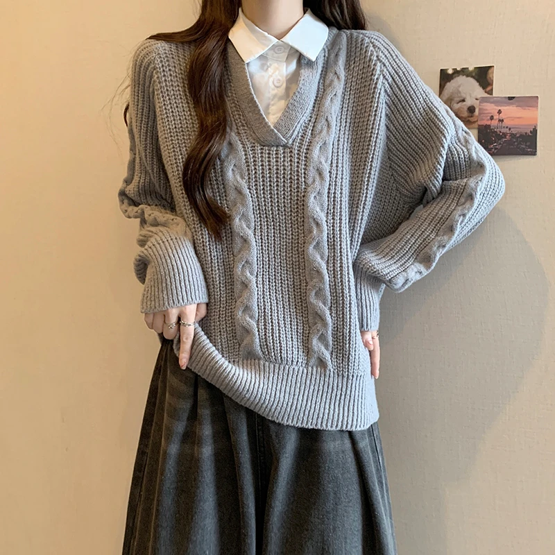 大码遮肚子假两件毛衣女早秋胖mm显瘦学院风polo领长袖针织衫上衣