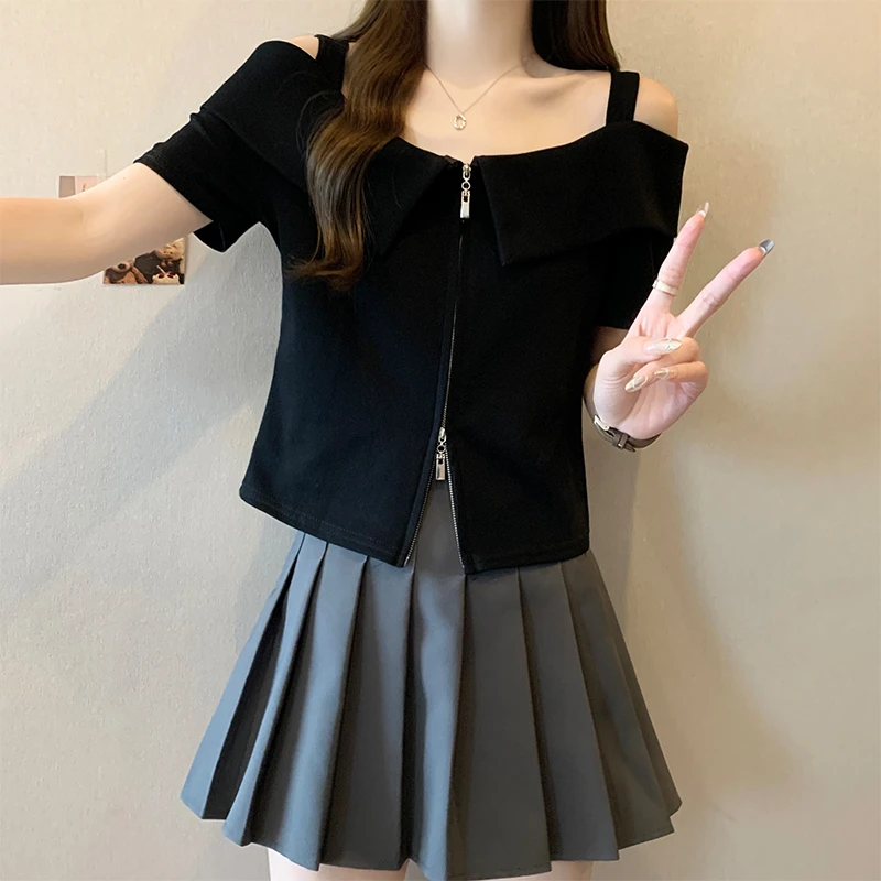 大码双拉链一字领辣妹露肩短袖t恤女夏季胖mm修身显瘦上衣打底衫