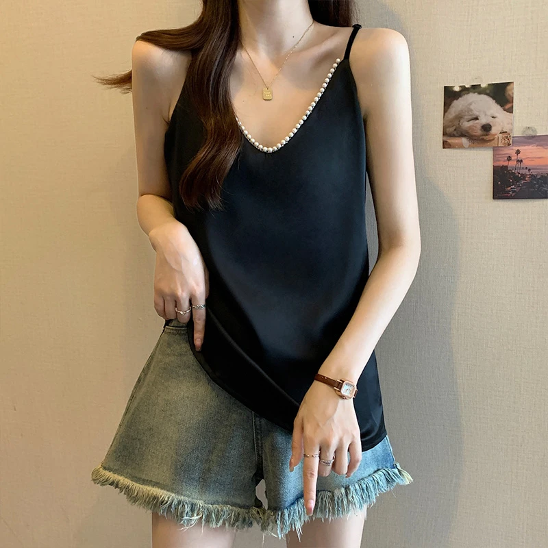 大码遮肚子黑色V领吊带背心女夏季胖mm宽松显瘦内搭外穿无袖上衣