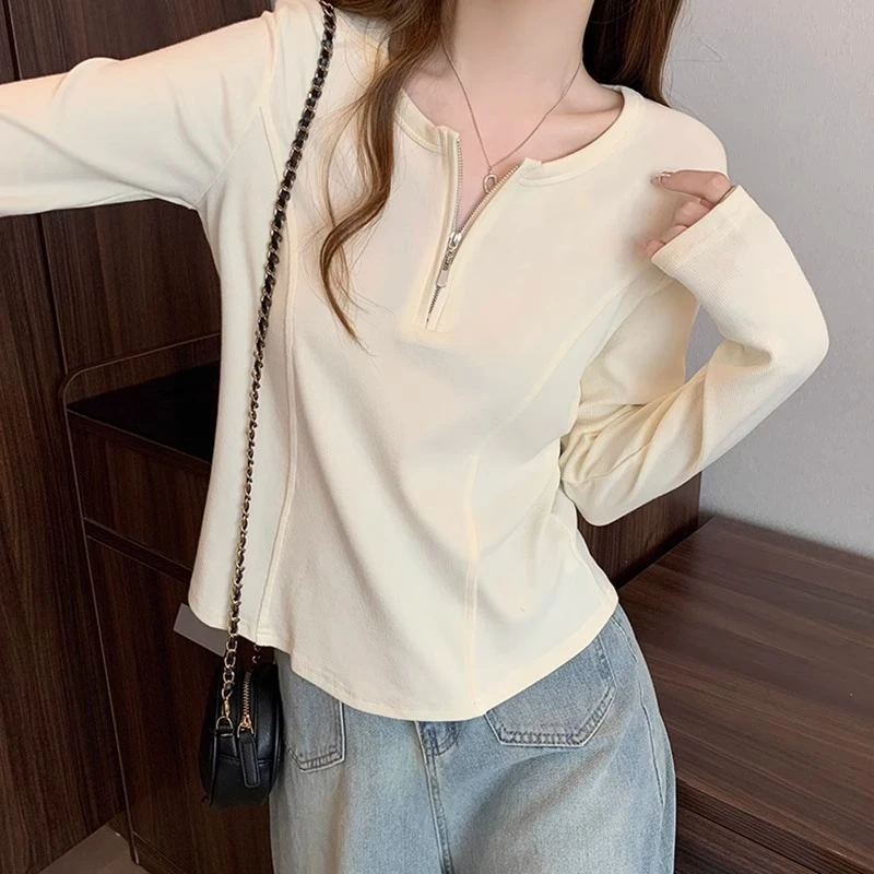 大码遮肚子正肩半拉链鱼骨长袖t恤女秋季胖mm修身显瘦上衣打底衫