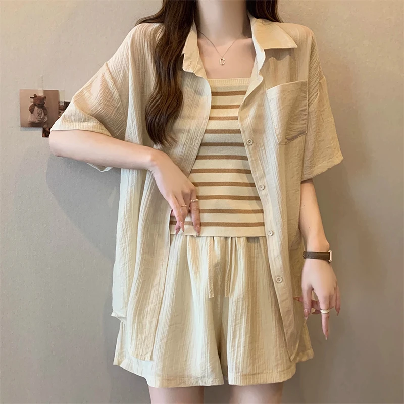 大码女装小个子时尚休闲穿搭一整套夏装胖mm防晒衬衫短裤三件套装