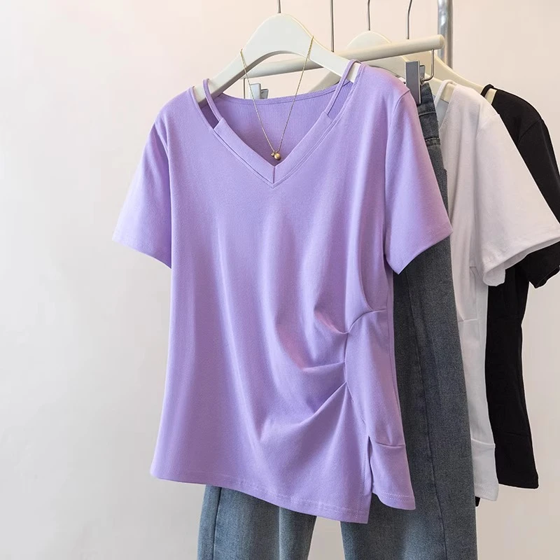 大码遮肚子V领正肩短袖t恤女夏季胖mm收腰显瘦洋气百搭不规则上衣