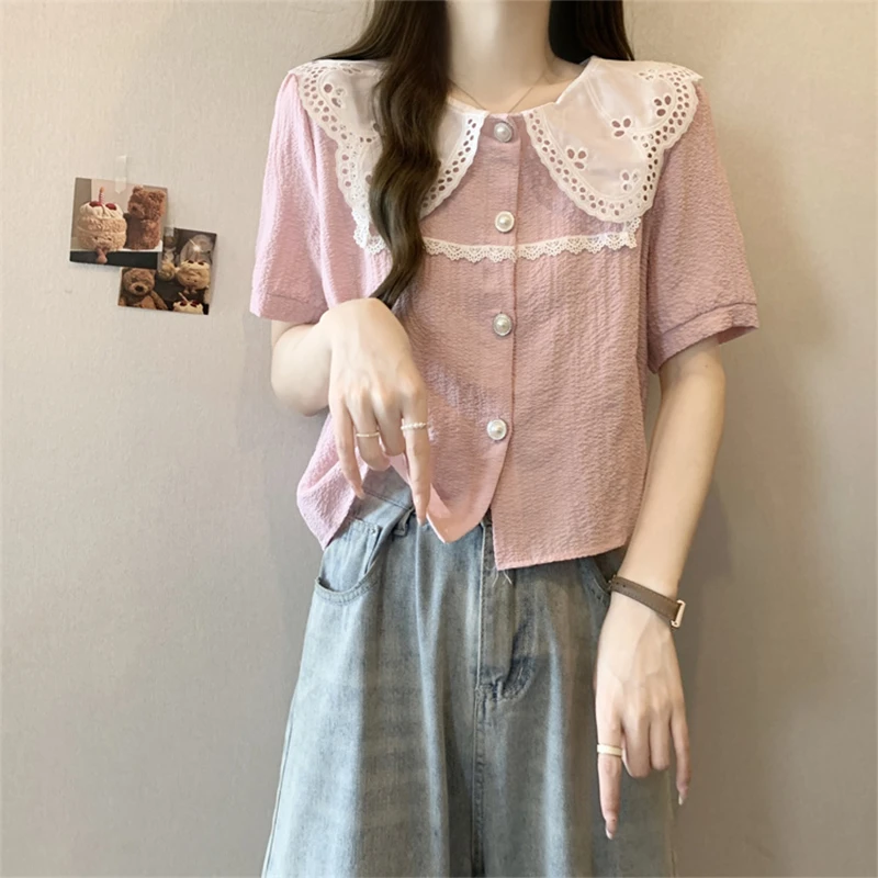 大码遮肚子粉色娃娃领短袖衬衫女夏季胖妹妹宽松显瘦短款正肩上衣