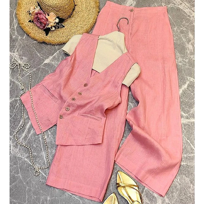 夏季气质搭配一整套2024年洋气时尚粉色百搭西装马甲阔腿裤两件套