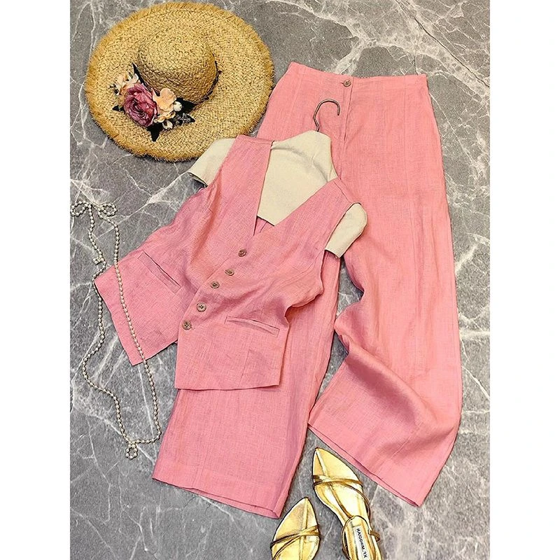 夏季气质搭配一整套2024年洋气时尚粉色百搭西装马甲阔腿裤两件套