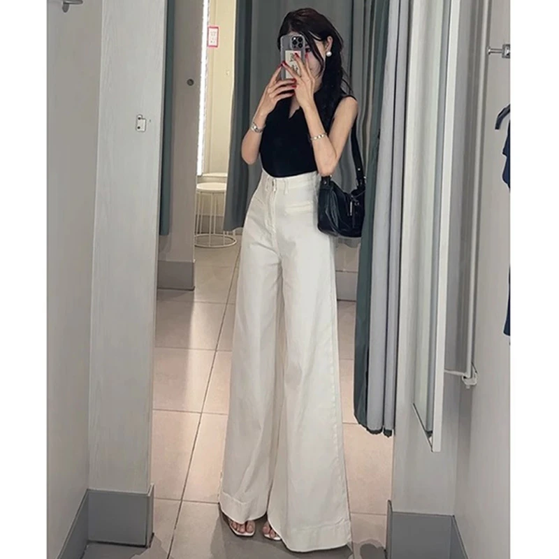 白色阔腿牛仔裤女2024新款秋季高腰宽松显瘦休闲小个子拖地喇叭裤