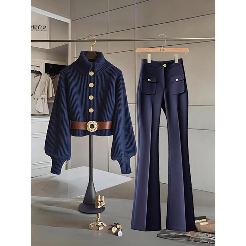 秋冬季穿搭一整套2024新款时尚轻奢感显瘦针织上衣蓝色休闲裤女装